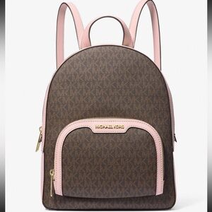 NWT Michael Kors Jaycee Medium Logo Brown and Pink Backpack (Powder Blush)